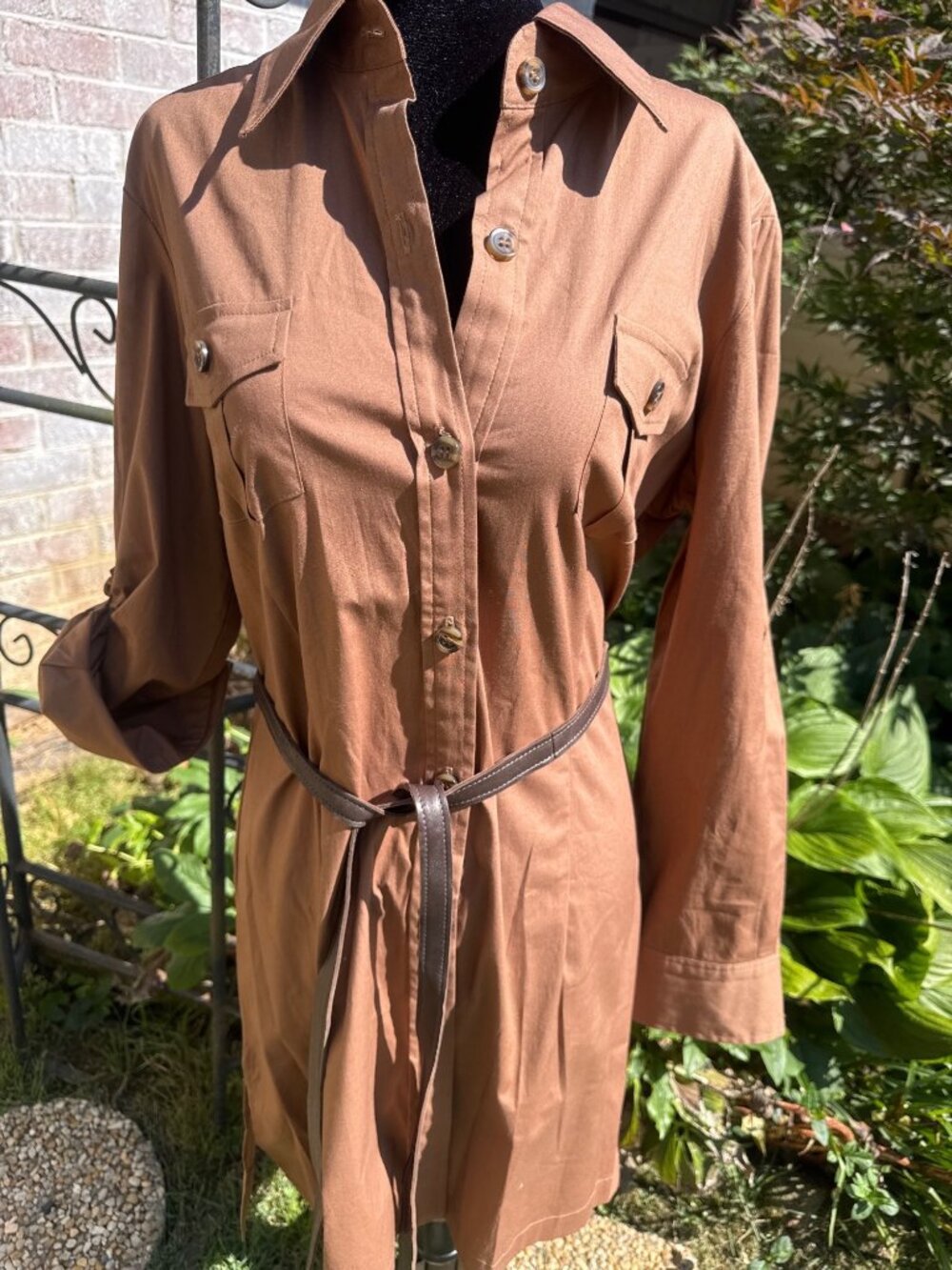 Finley Brown Shirt Dress Leather Tie Belt Button Front Midi NWT USA L